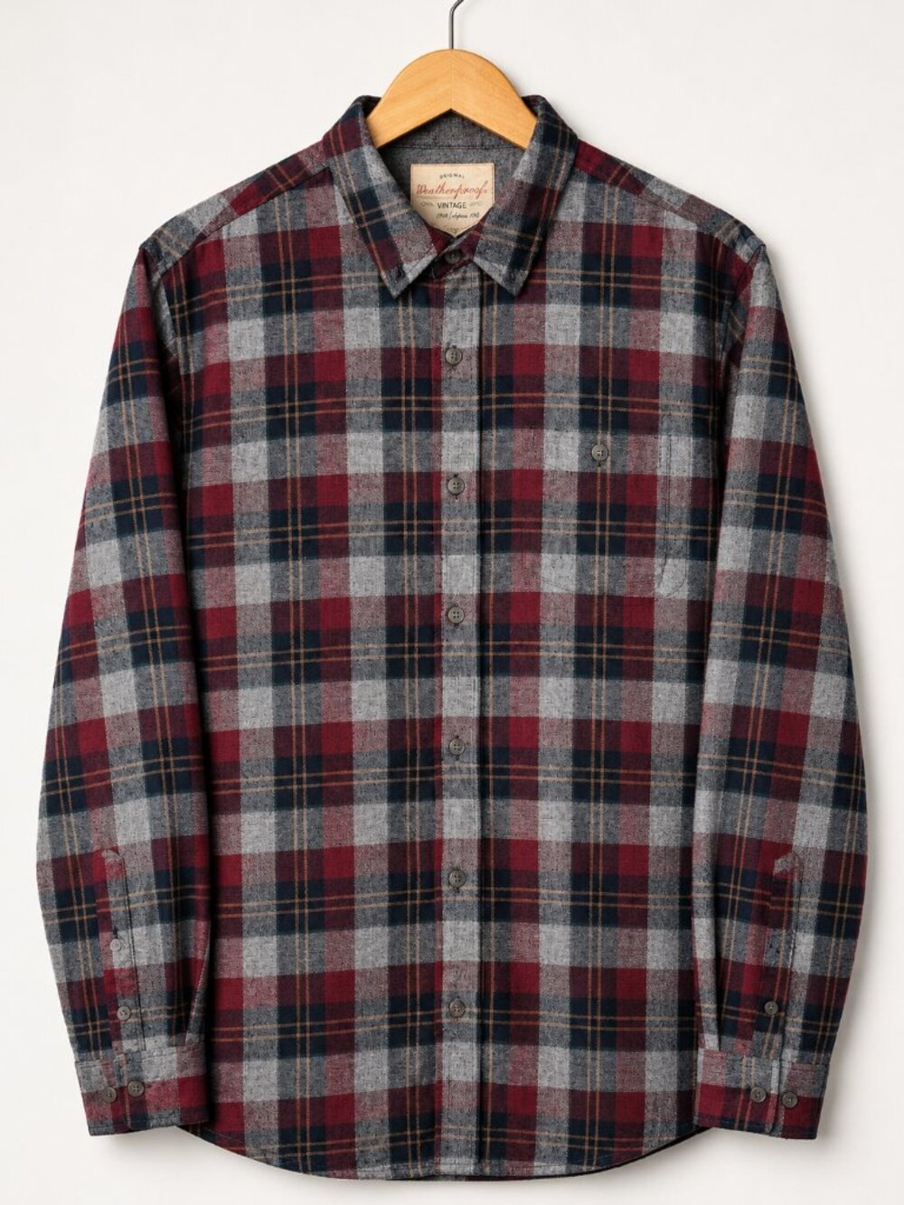 Plaid Men’s L Burgundy Grey Tartan Lightweight Flannel Shirt Folk